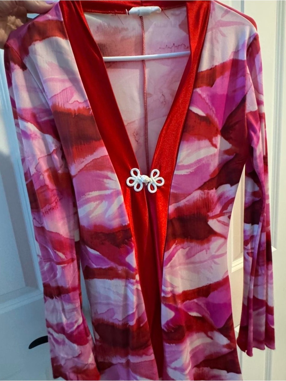 Y2K Pink & Red Abstract Print Cardigan with Satin Trim